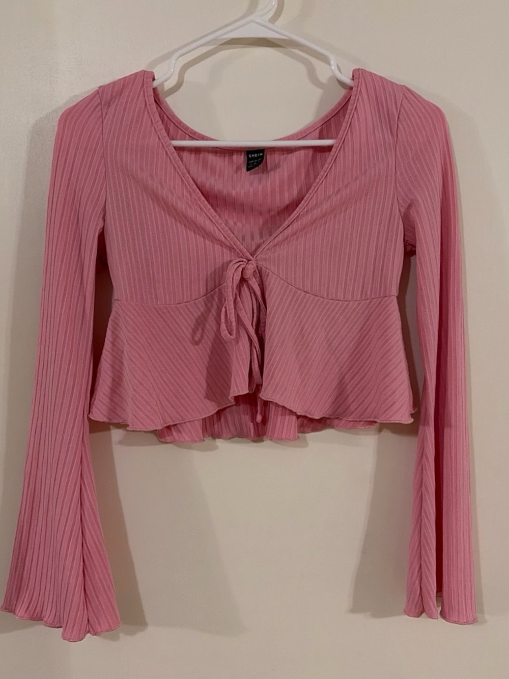 SHEIN Pink Ribbed Tie-Front Ruffle Crop Top with Flared Sleeves